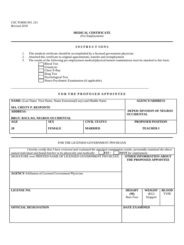 CSC Form 211 Medical Certificate 2025 | PDF | Health Care | Medicine