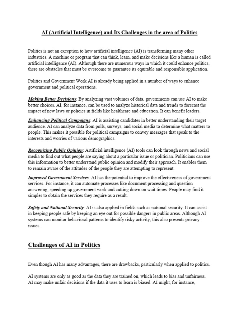 AI (Artificial Intelligence) and Its Challenges in The Area of Politics ...