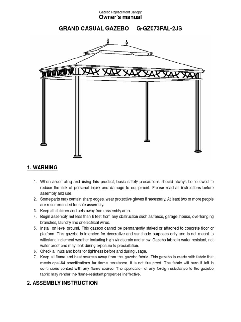 Sunjoy Grand Casual Gazebo Assembly and Instructions Manual Screw