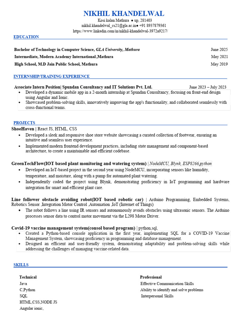 Nikhil Khandelwal's Tech Resume 2023 | PDF | Internet Of Things ...