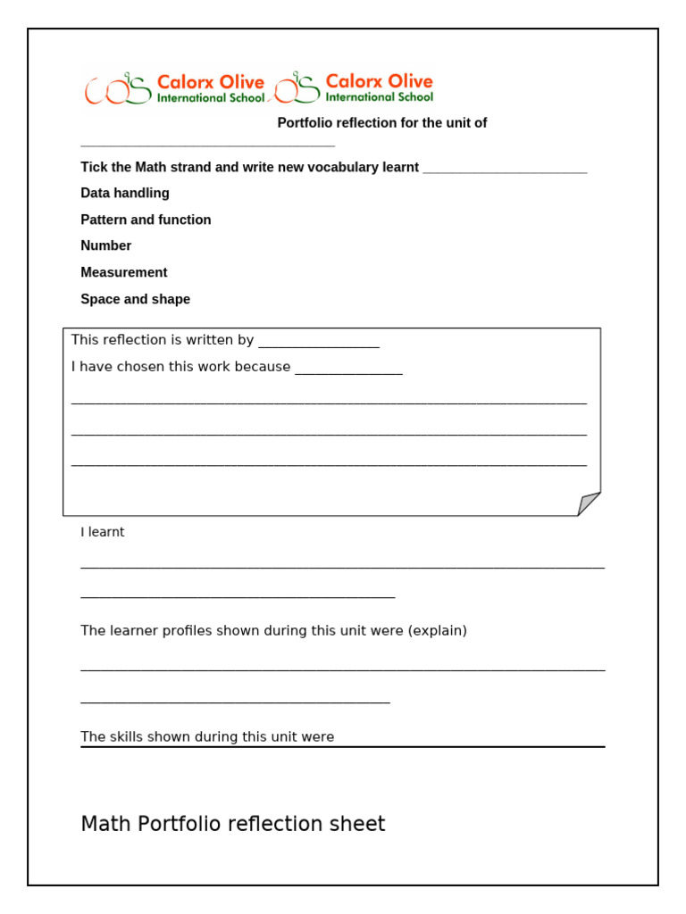 Math Reflection Sheet | PDF