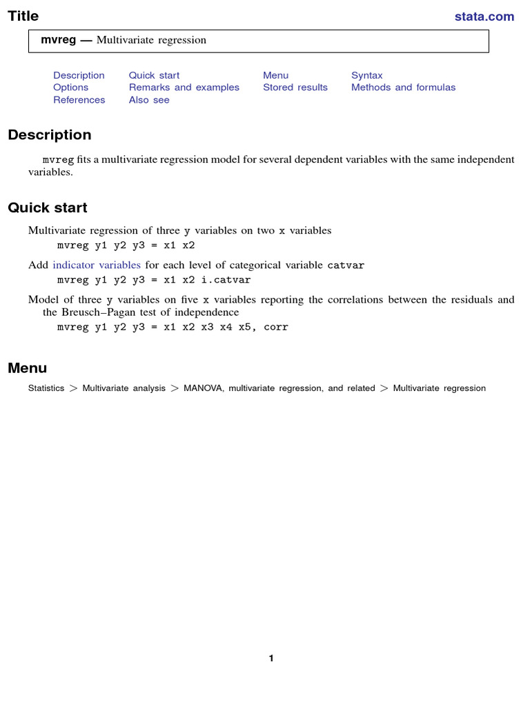 Multivariate Regression with mvreg in Stata | PDF | Regression Analysis ...