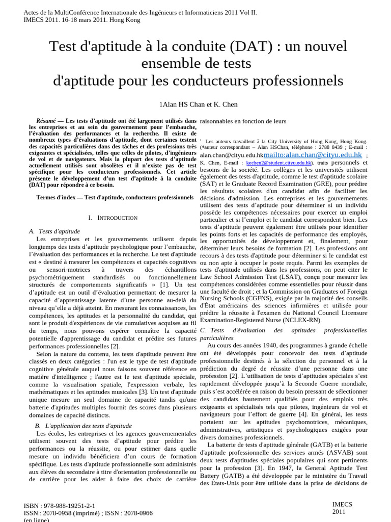 Développement d'un Test d'Aptitude à la Conduite | PDF
