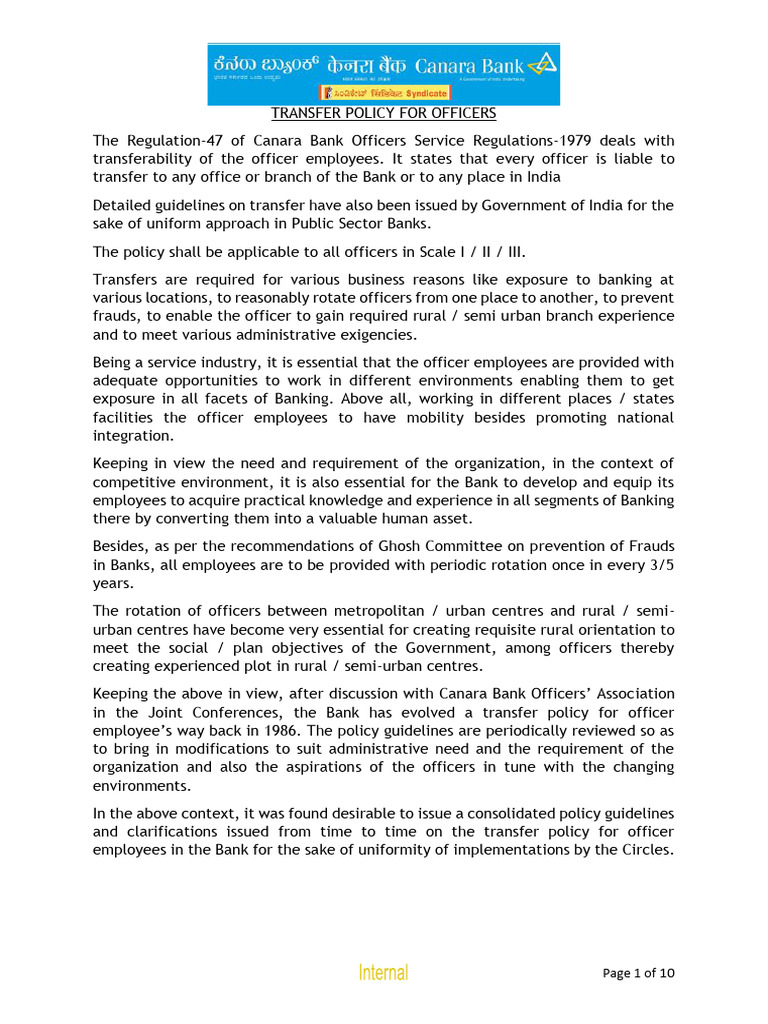 Canara Bank Officer Transfer Policy | PDF