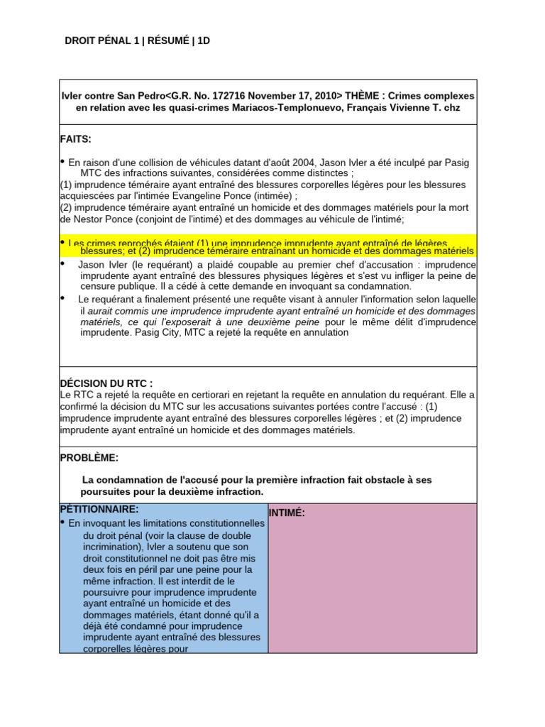 Ivler c. San Pedro : Imprudence et Double Incrimination | PDF | Crimes ...