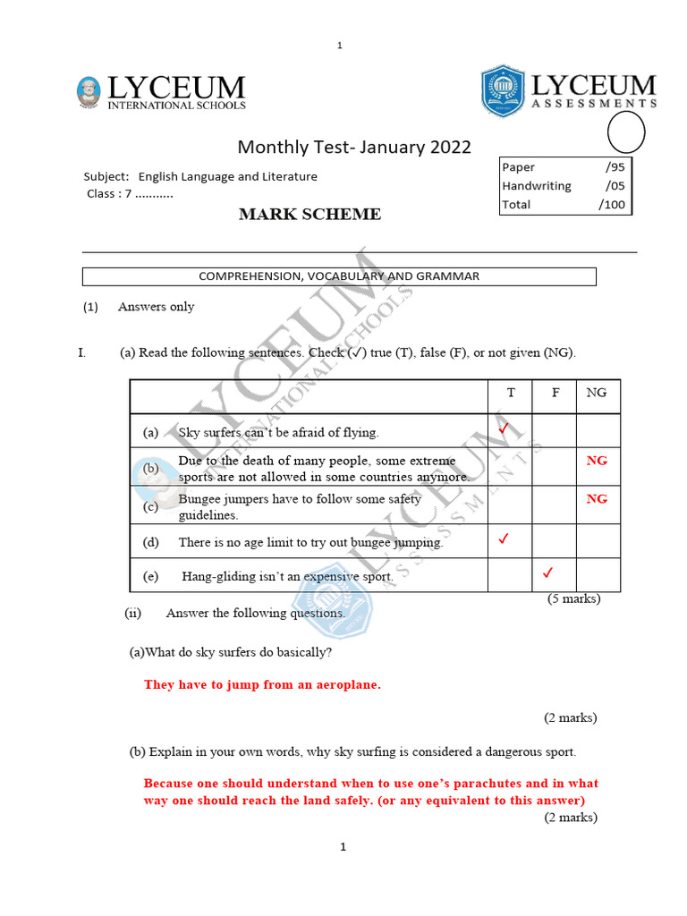 January 2022 English Test for Class 7 | PDF | English Grammar | Linguistics