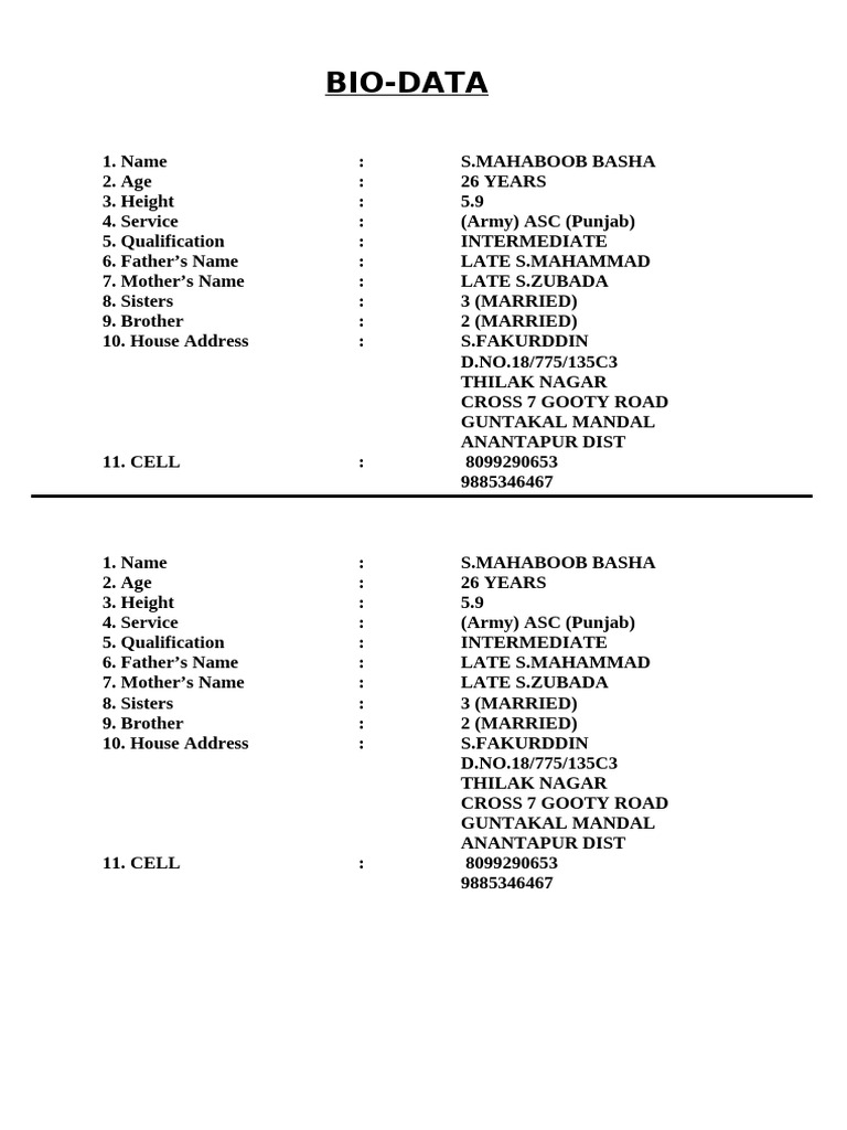 Bio-data of S. Mahaboob Basha | PDF