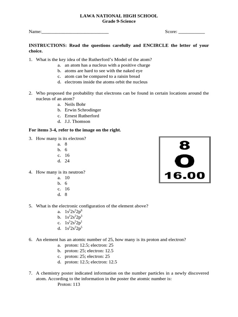 Grade 9 Science Atom Quiz | PDF | Chemical Compounds | Ion