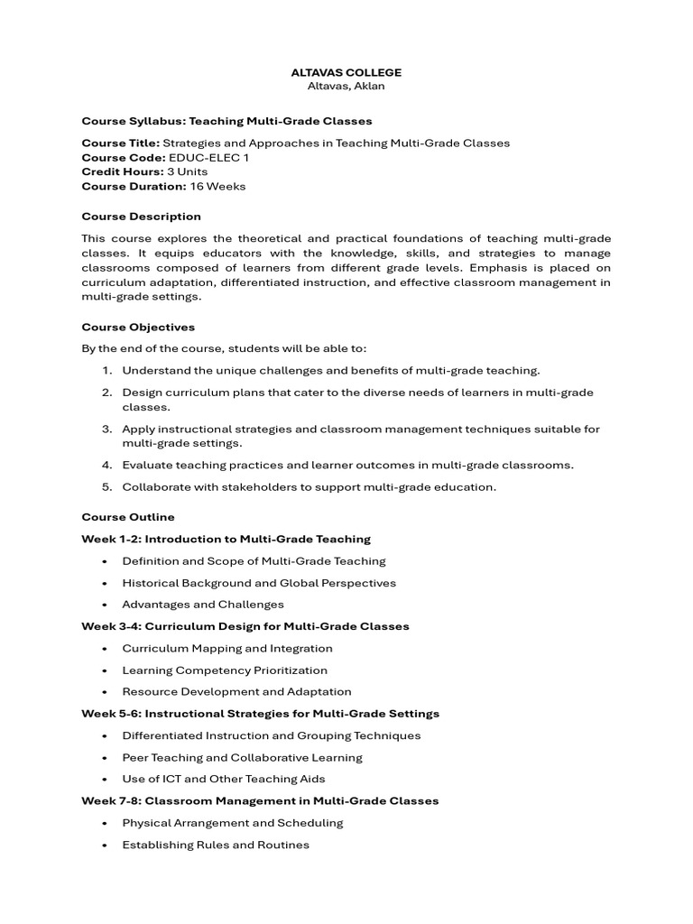 Multi-Grade Teaching Strategies Syllabus | PDF | Differentiated ...