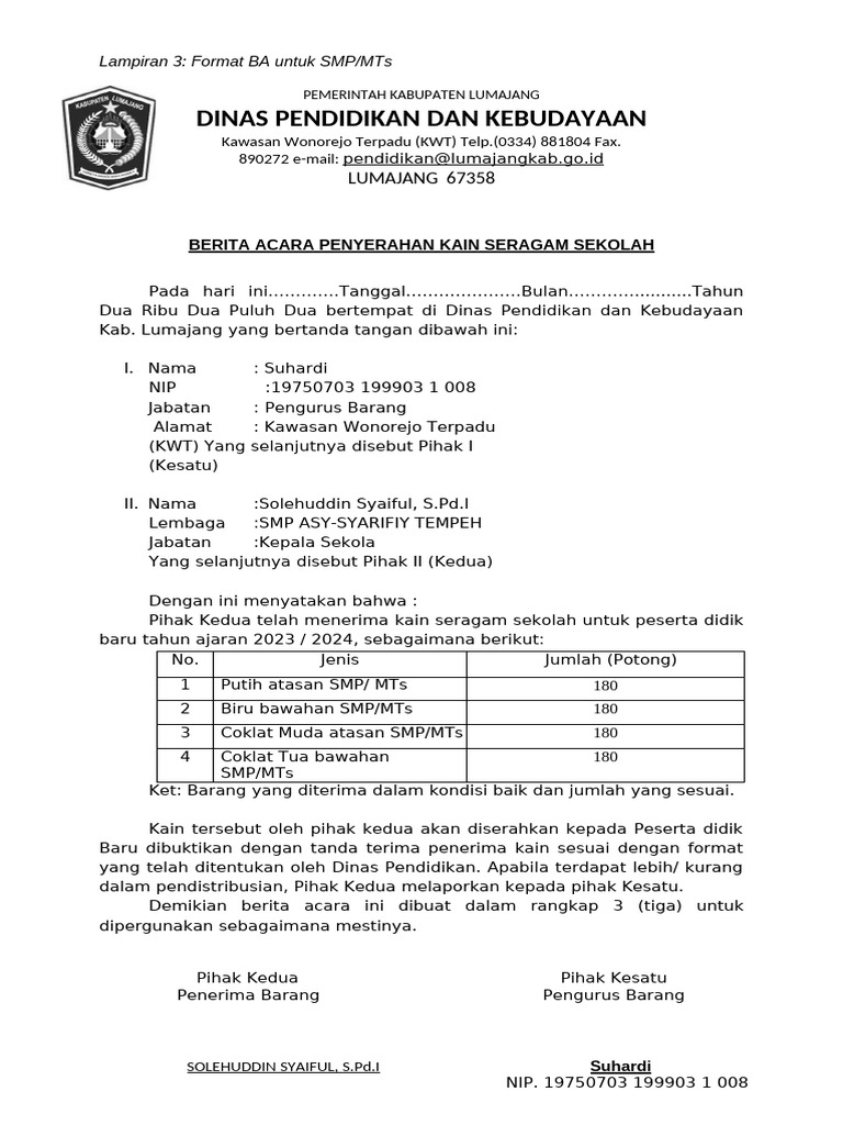 Format BA Seragam SMP/MTs Lumajang | PDF