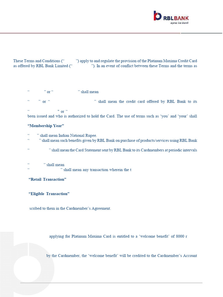 RBL Bank Platinum Maxima Card Terms | PDF | Credit Card | Visa Inc.