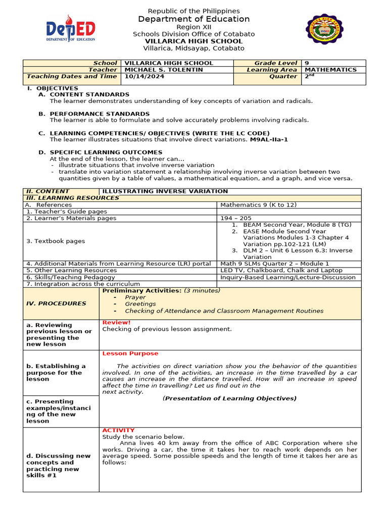 Inverse Variation Lesson Plan for Grade 9 | PDF | Speed | Mathematics