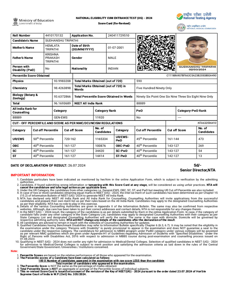 Neet - Ntaonline.in Frontend Web Re-revised25july-Scorecard Score-Card ...