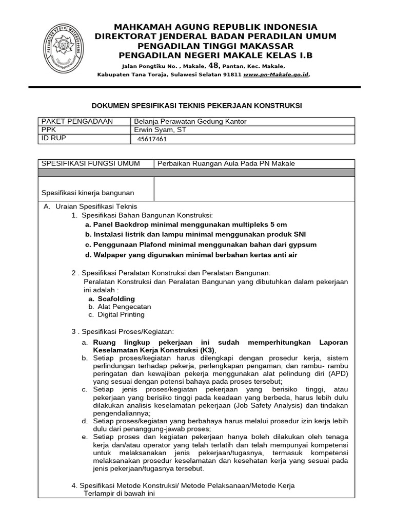 Spesifikasi Teknis Konstruksi PN Makale | PDF