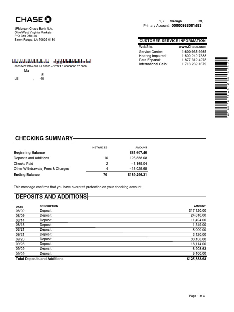 Chase Checking - Olivia Manders E Statement For 8:1 Through 9:29 | PDF ...