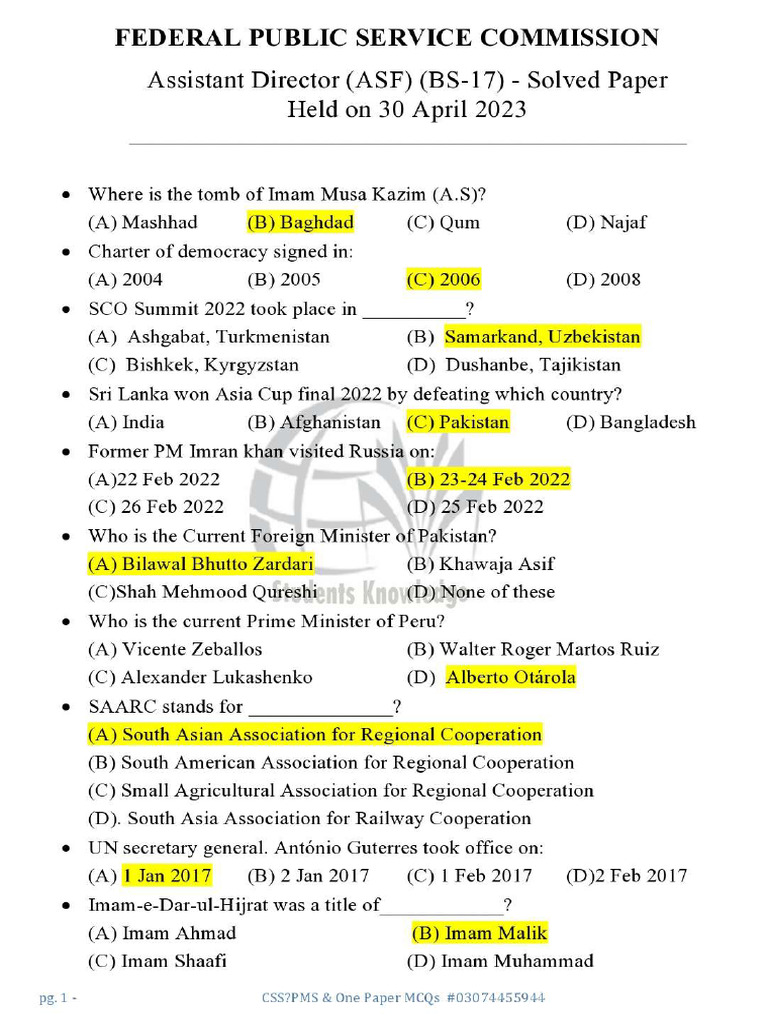 Assistant Director Paper (ASF) (BS-17) -Solved Paper-2 | PDF