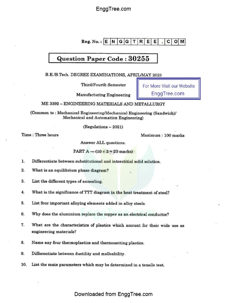 ME3392 Engineering Materials and Metallurgy Apr May 2023 Question Paper ...