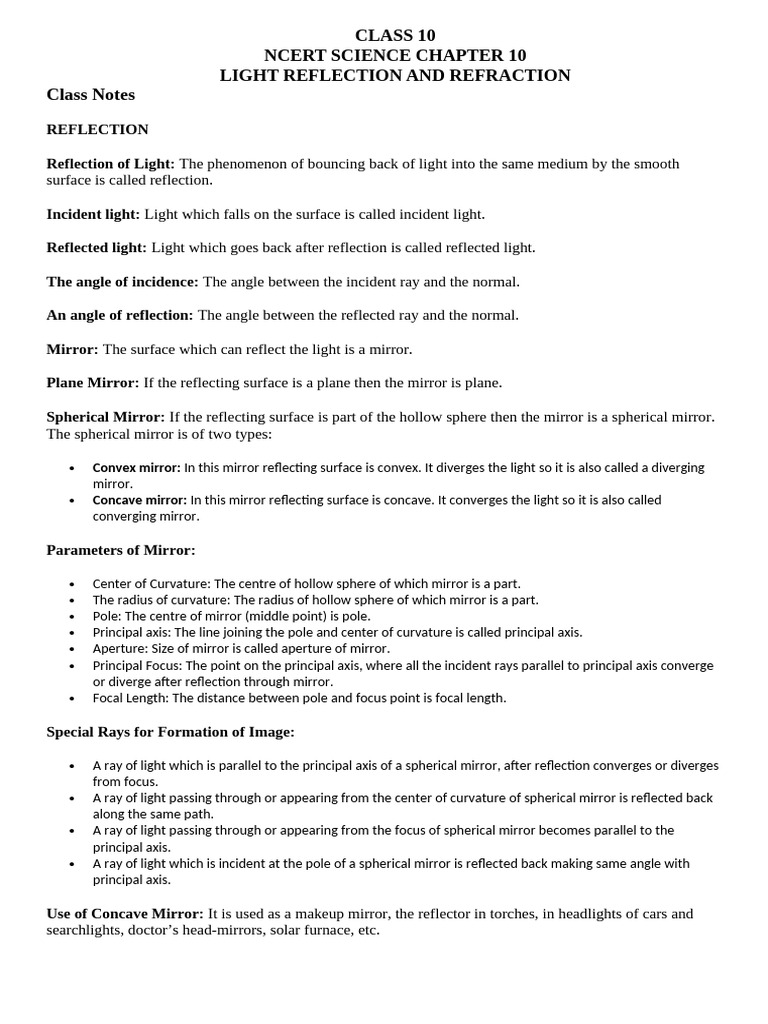 Class 10 Science: Light Reflection & Refraction | PDF | Mirror | Optics