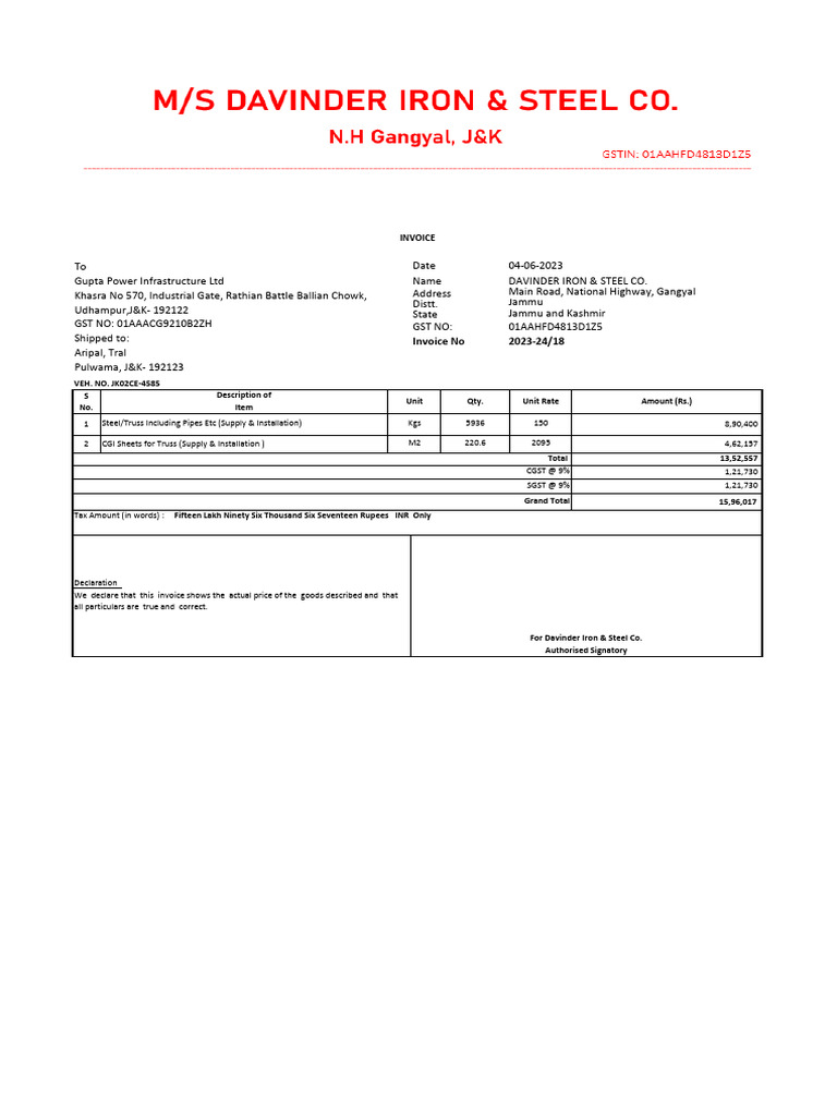 Invoice for Steel Supply & Installation | PDF | Taxes | Payments
