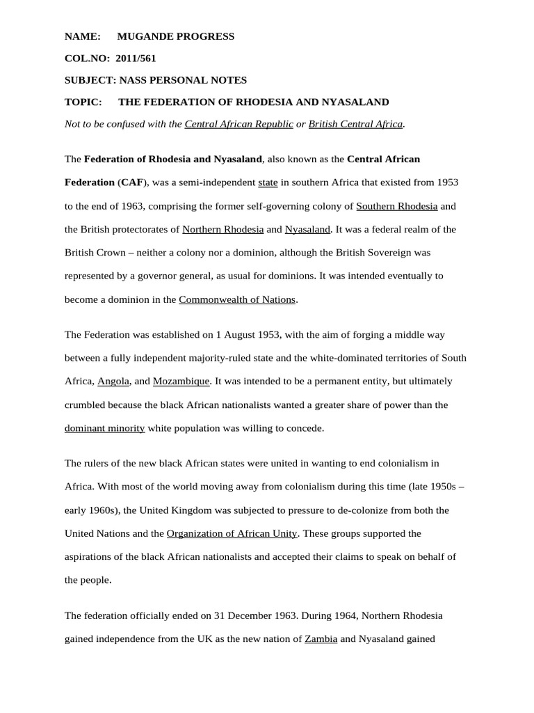 History of the Rhodesia-Nyasaland Federation | PDF | Government