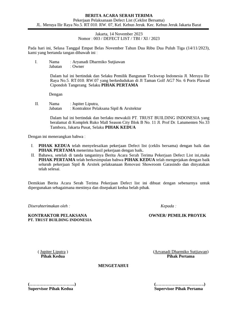 Berita Acara Serah Terima Defect List | PDF