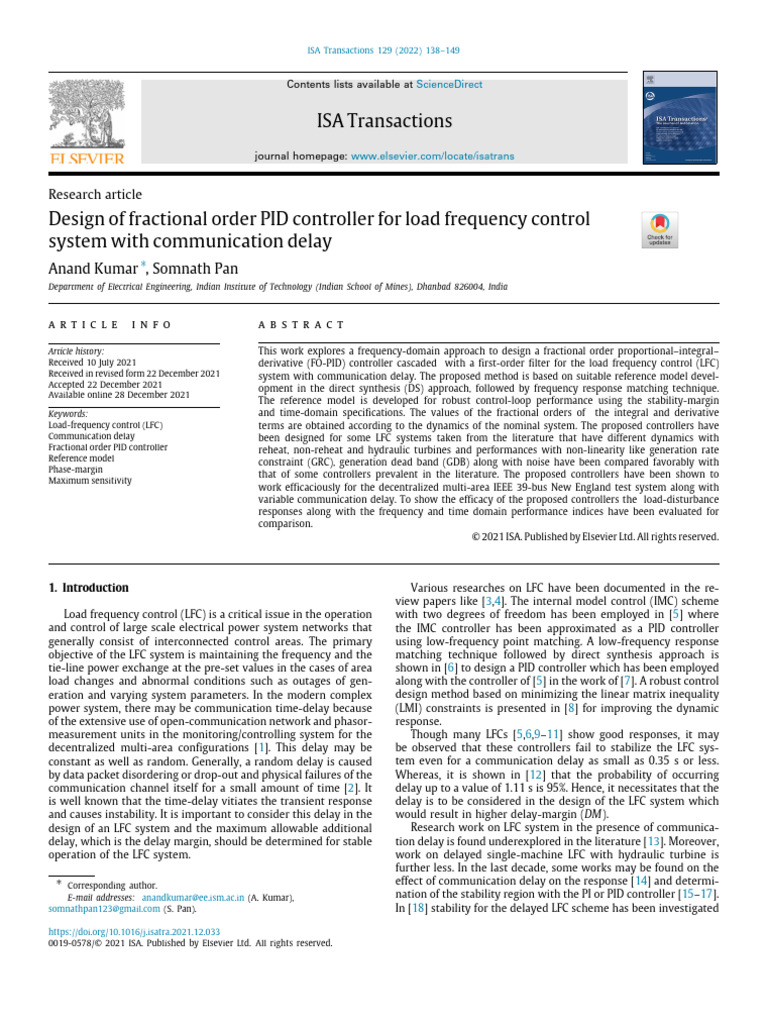 Fractional Order PID for Load Frequency Control | PDF | Control Theory ...