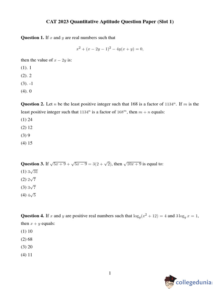 CAT 2023 QA Question Paper With Answer Key Slot 1 | PDF | Square Root ...
