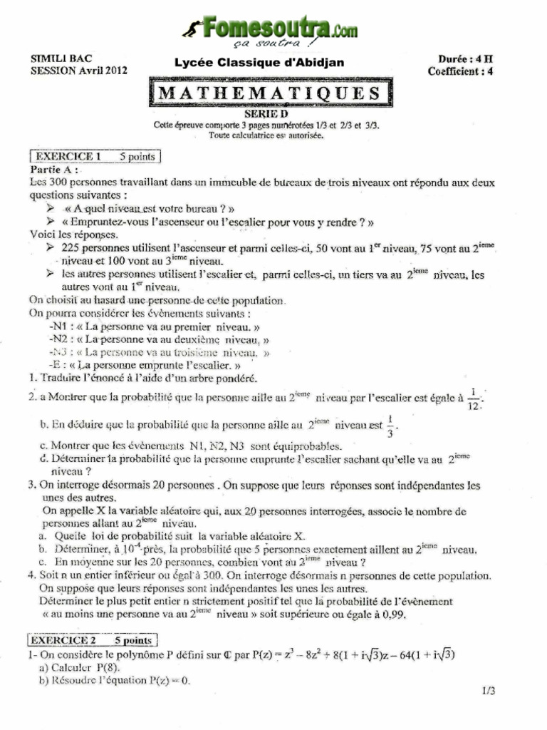 Bac Blanc Maths Lycee Classique 2012 | PDF