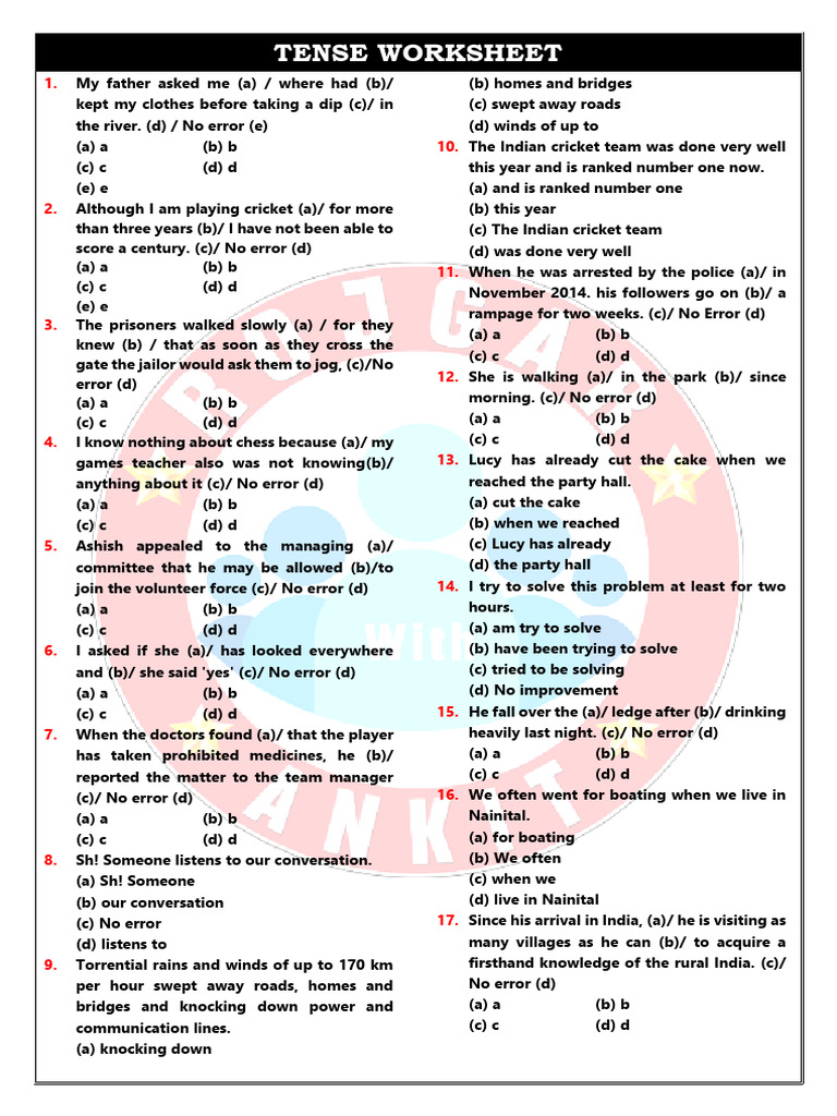 Tense Error Correction Worksheet | PDF