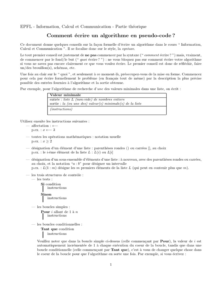 Écrire un algorithme en pseudo-code | PDF | Structure de contrôle ...