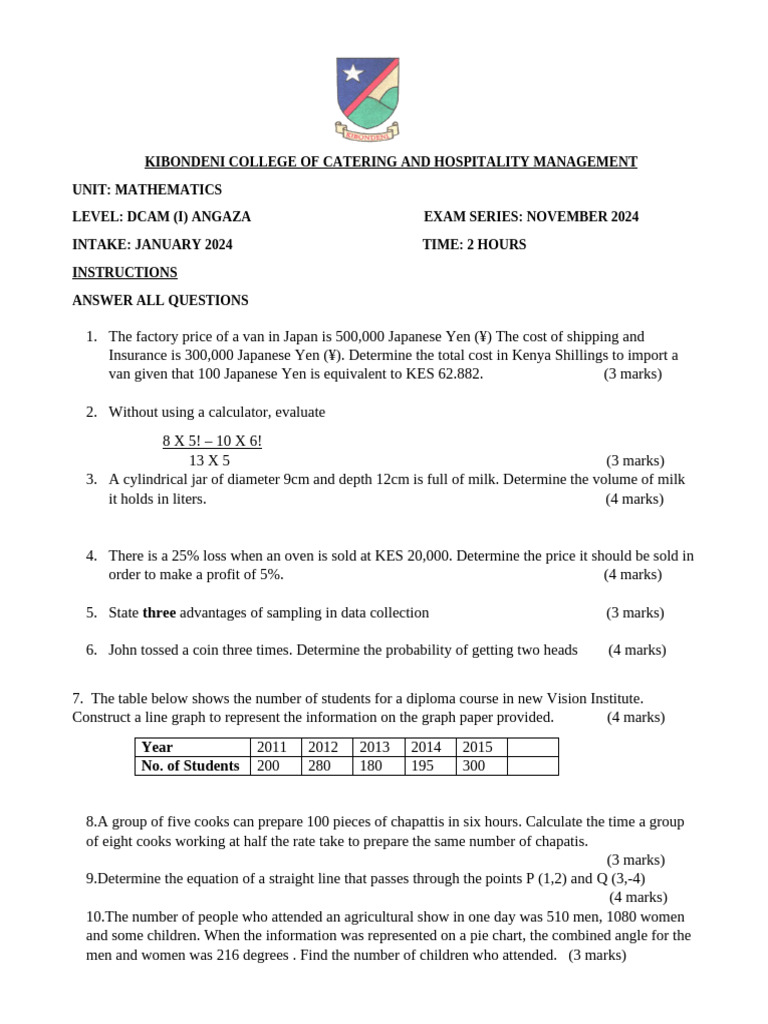 DCAM Mathematics Exam November 2024 | PDF