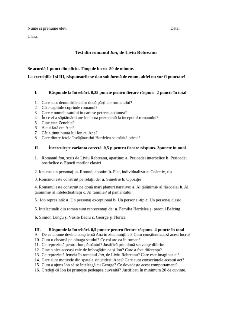 Test Din Romanul Ion - Clasa A X-A | PDF