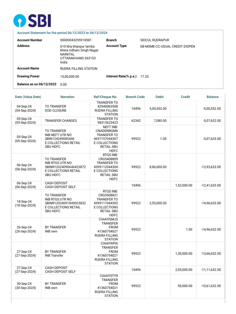 Rudra Filling Station Account Statement | PDF | Banks | Banking Technology