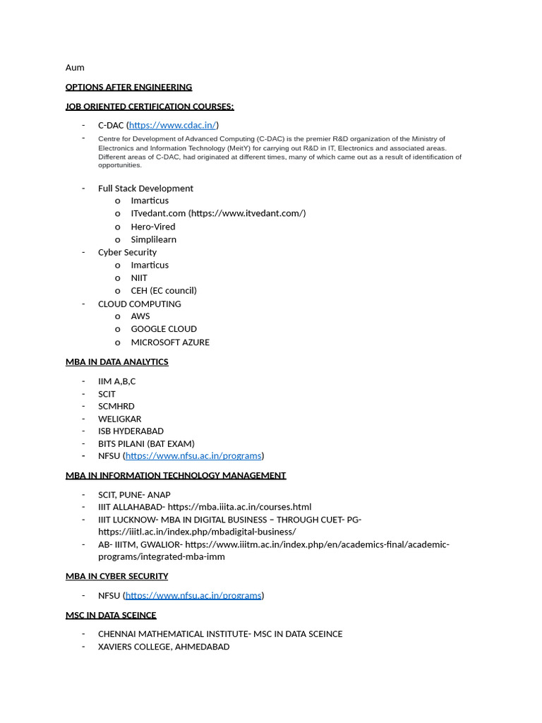 OPS PG Options After Engineering | PDF | Science Education | Career And ...