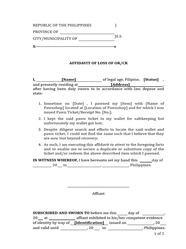 Affidavit of Loss for Pawn Ticket | PDF