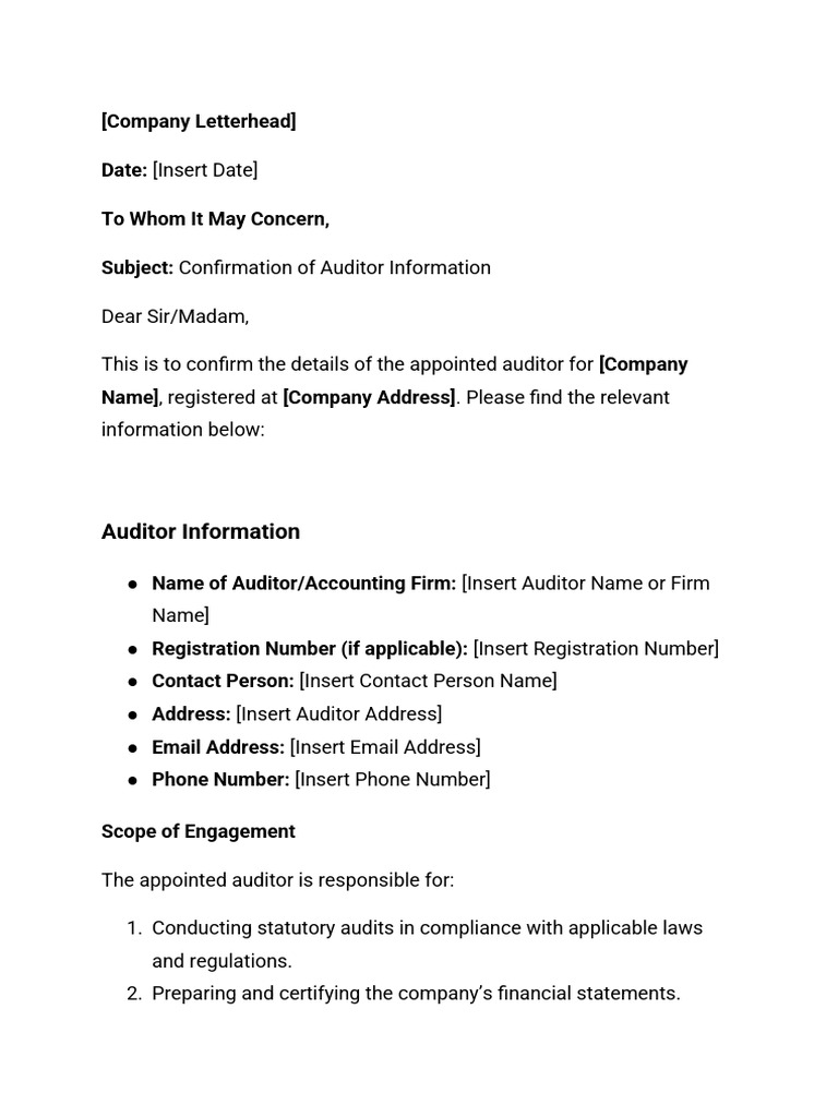 Auditor Confirmation Letter Template | PDF