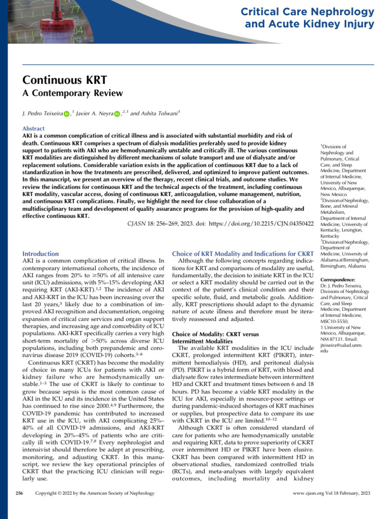 Overview of Continuous KRT for AKI | PDF | Hemodialysis | Intensive ...
