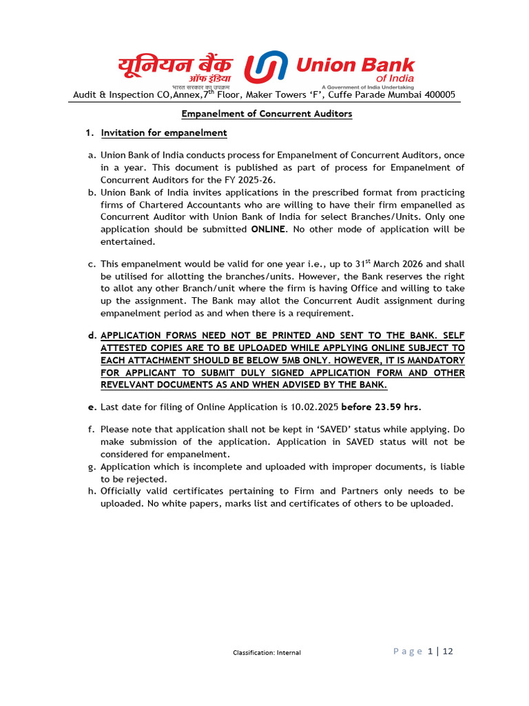 Union Bank Concurrent Auditor Empanelment 2025 | PDF | Audit | Auditor ...
