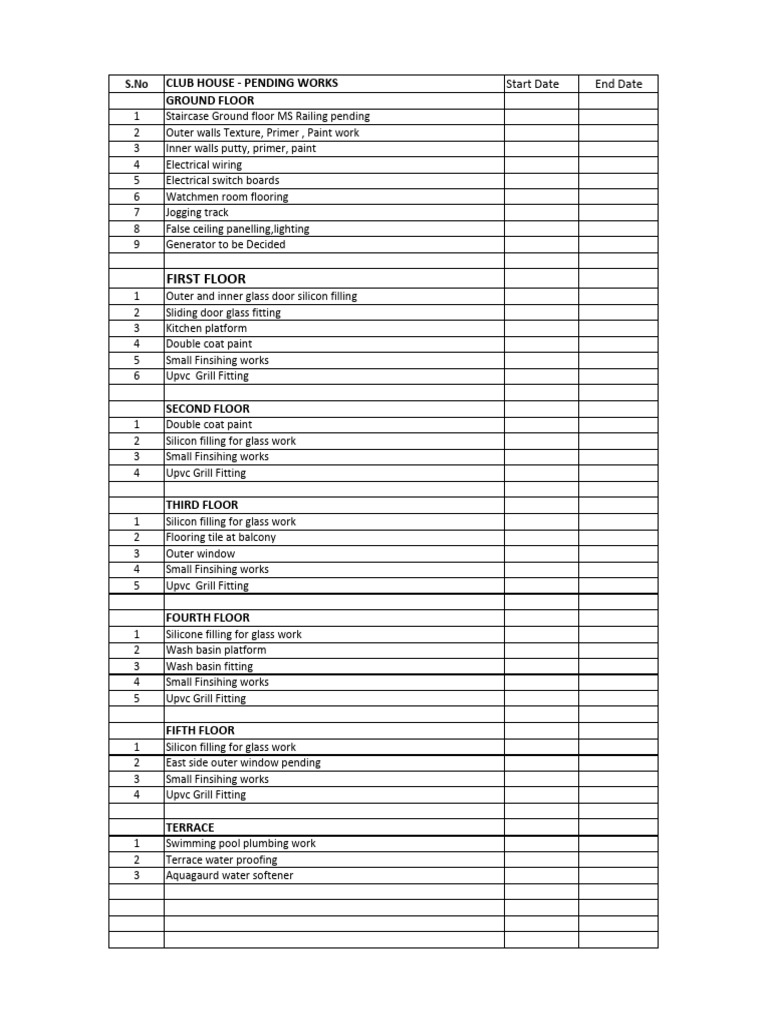 Club House Pending Works | PDF