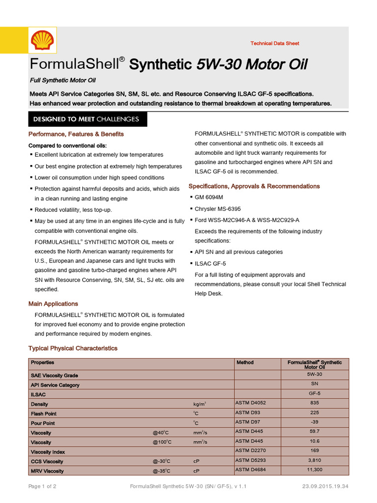 FormulaShell Synthetic SAE 5W 30 Motor Oil Datasheet | PDF | Motor Oil ...