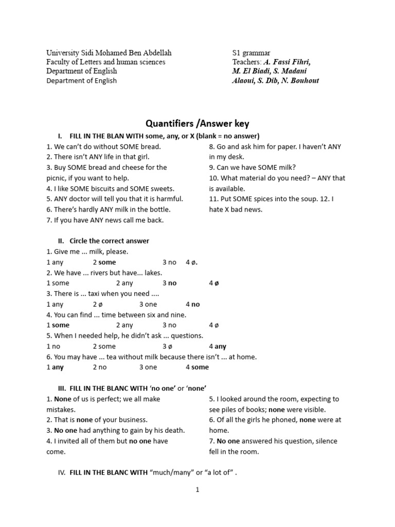 Quantifiers Exercises with Answer Key | PDF