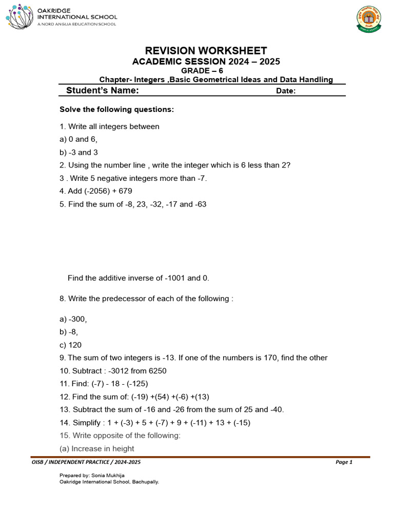 Grade 6 Math Revision Worksheet 2024-25 | PDF | Integer | Euclidean ...
