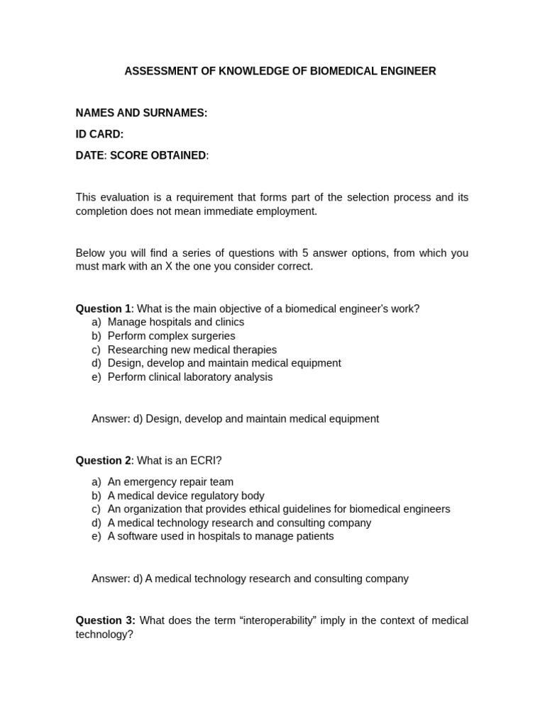 Biomedical Engineer Knowledge Assessment | PDF | Medical Device ...