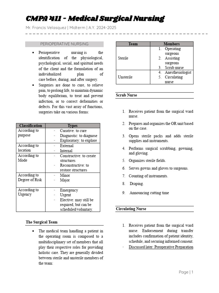Perioperative Nursing Overview Guide | PDF | Surgery | Anesthesia