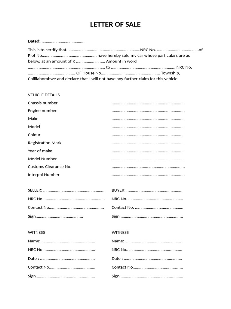 LETTER OF SALE Chililabombwe | PDF | Vehicles | Land Transport
