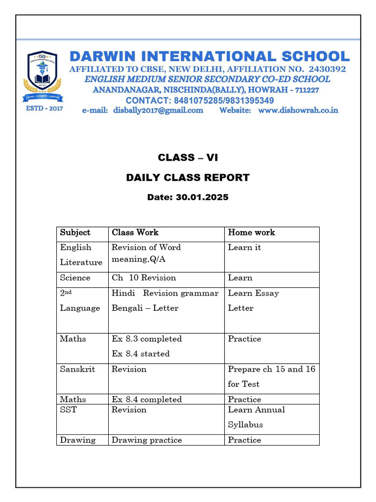Class VI Daily Report - 30 Jan 2025 | PDF