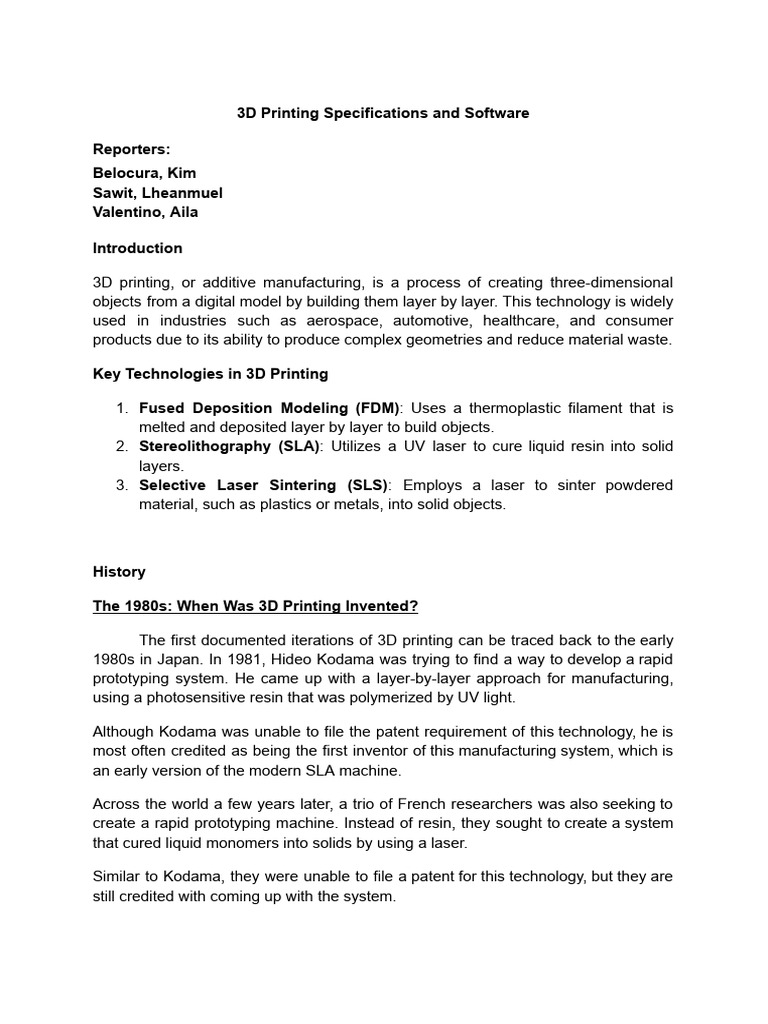 Group 15 - 3D Printing Specifications and Software | PDF | 3 D Printing ...