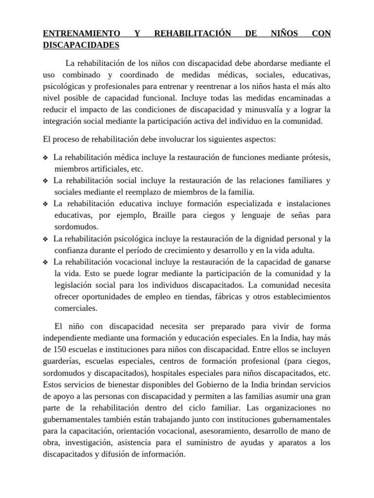 Entrenamiento y Rehabilitación de Niños Con Discapacidad | PDF ...