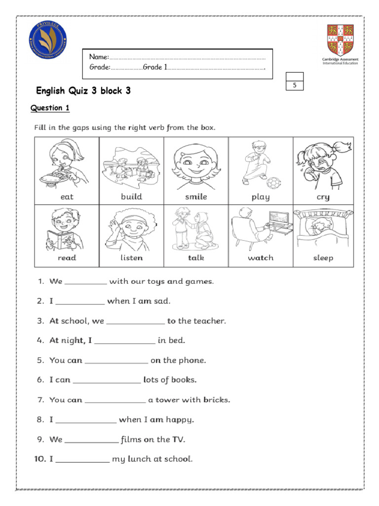 English Quiz 3 block3 grade 1 | PDF