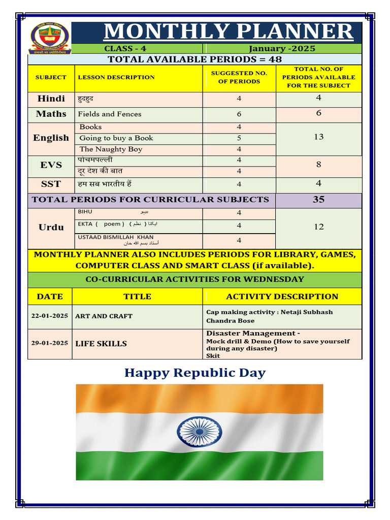 Class 4 Monthly Planner - January 2025 | PDF